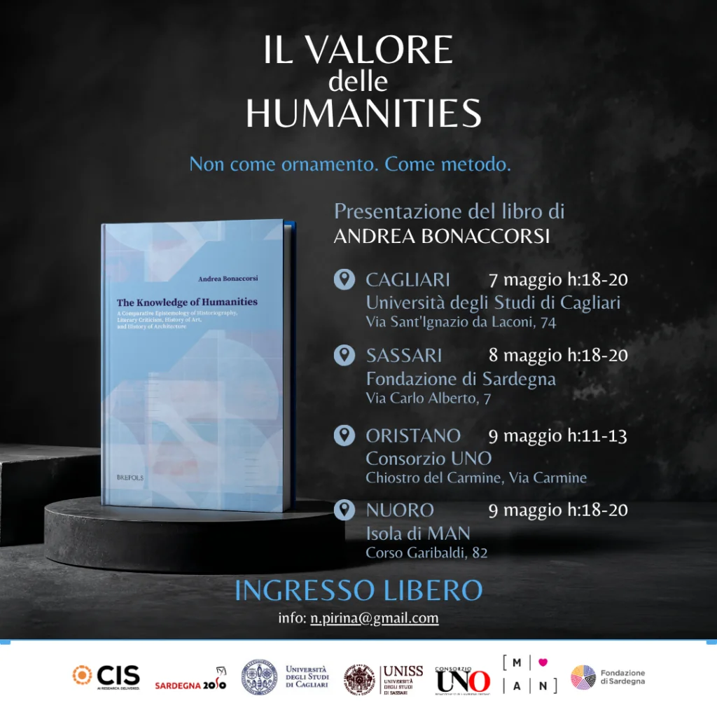 Locandina del tour di presentazione del libro The Knowledge of Humanities di Andrea Bonaccorsi in Sardegna: tappe a Cagliari, Sassari, Oristano e Nuoro dal 7 al 9 maggio.